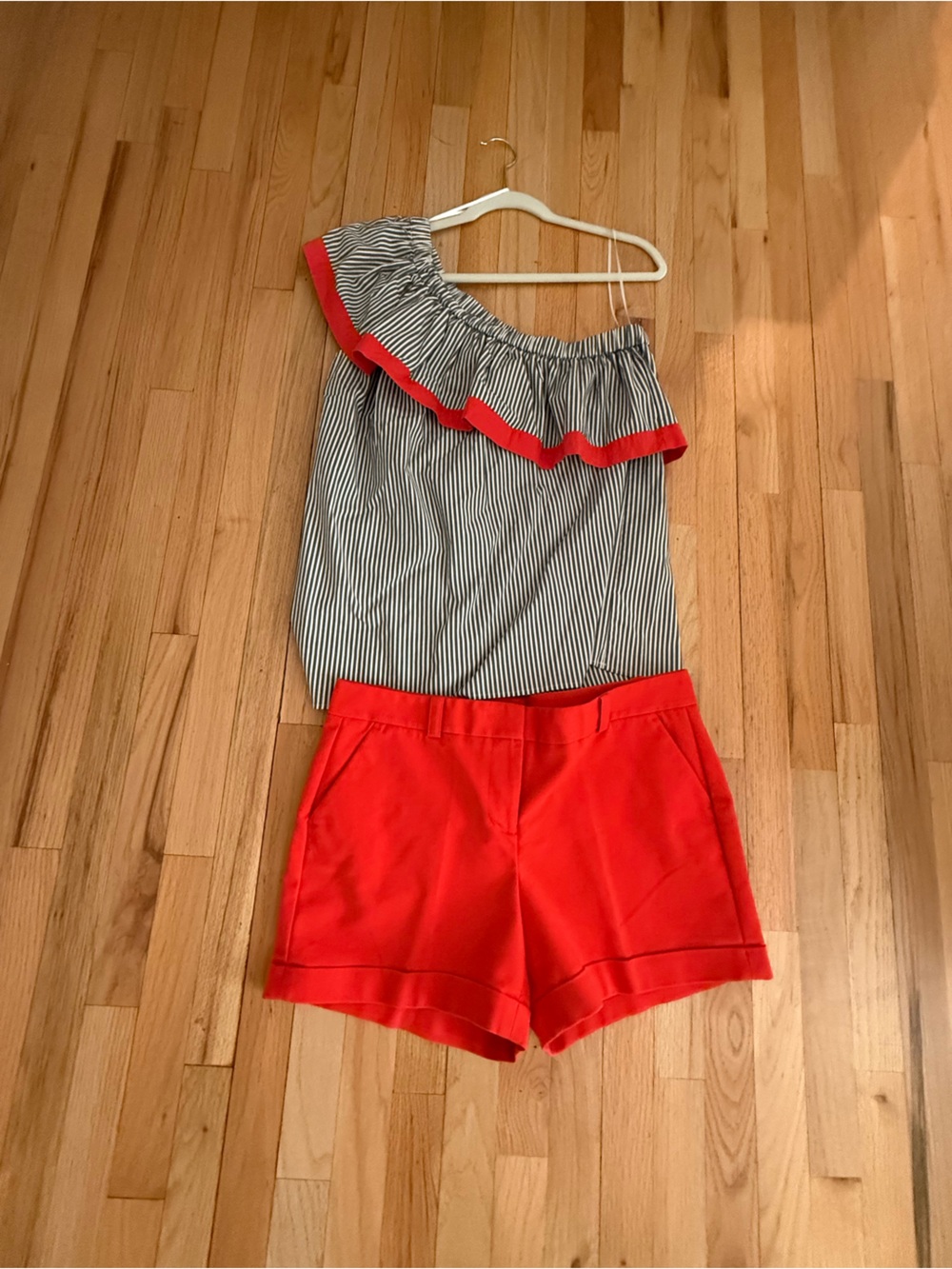 Vince Camuto Matching Set: Bright Coral Cuffed Shorts & One-Shoulder Striped Top